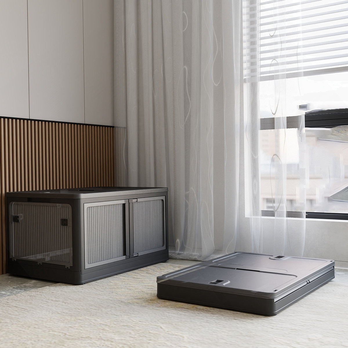 3-Pack Transparent Stackable Storage Bins with 5 Doors to Open with Wheels, Folding Plastic Craft Containers Large Closet Organizers Box